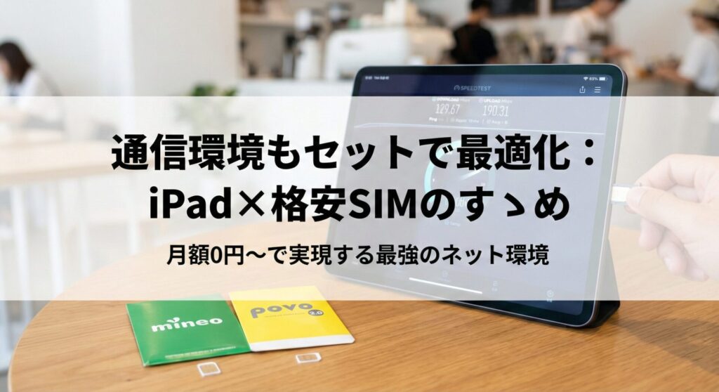 iPadと格安SIM（mineo・povo）を組み合わせて通信環境を最適化する様子を表現したアイキャッチ画像。スピードテストを実行中のiPad、mineoとpovoのパッケージ、SIMトレイを挿入する様子を描写し、見出し『通信環境もセットで最適化：iPad×格安SIMのすゝめ』と『月額0円〜で実現する最強のネット環境』のテキストを含むインフォグラフィック。
