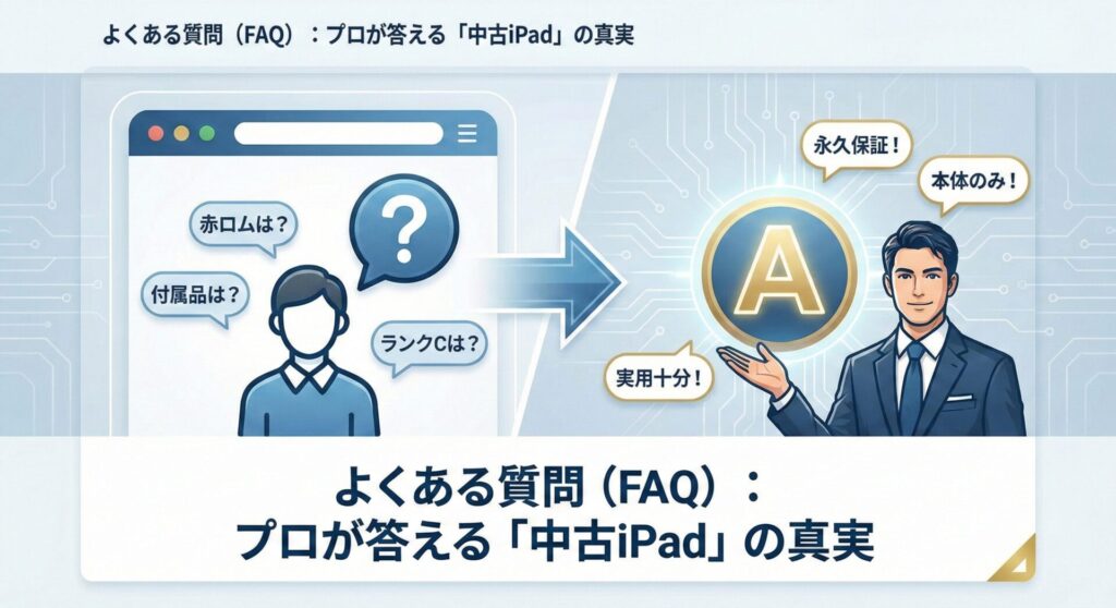 中古iPad購入のよくある疑問（赤ロム保証、付属品の有無、ランクCの実用性）に対し、専門家が「永久保証」「本体のみ」「実用十分」と明確に回答する様子を視覚化したFAQセクションの見出し画像。ユーザーの不安をプロの視点で解消するプロセスを描いたインフォグラフィック。