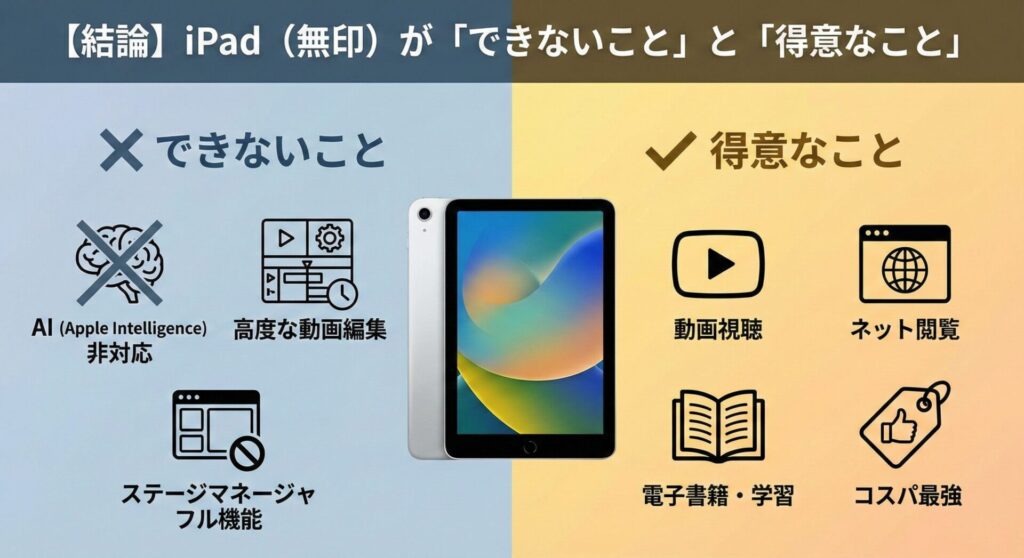 見出し画像:「【結論】iPad(無印)が「できないこと」と「得意なこと」」。無印モデルの機能的なメリットとデメリットを対比した比較インフォグラフィック。左側の「× できないこと」には、AI(Apple Intelligence)非対応、高度な動画編集、ステージマネージャフル機能が挙げられている。右側の「✔ 得意なこと」には、動画視聴、ネット閲覧、電子書籍・学習、そしてコスパ最強であることがアイコンと共に具体的に示されている。