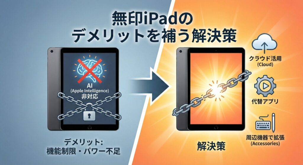 見出し画像:「無印iPadのデメリットを補う解決策」。左側の「デメリット」では、無印iPadが「AI(Apple Intelligence)非対応」であり、「機能制限・パワー不足」であることを鎖で縛られた状態で表現。右側の「解決策」では、その鎖が解き放たれ、光り輝くiPadと共に、具体的な解決手法(クラウド活用、代替アプリ、キーボードやペンシルによる周辺機器で拡張)がアイコンで示されているビフォーアフター形式のインフォグラフィック。