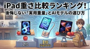 iPad全モデルの重さを比較したランキング形式のアイキャッチ画像。中央に「iPad重さ比較ランキング!後悔しない『実用重量』とAIモデルの選び方」というタイトルを配置。表彰台形式でモデルを比較し、1位には「AI」チップを搭載した最も軽量なモデル(iPad mini)を配置しショルダーバッグへの収納性を表現。2位にはリンゴ1個分とバランスを取る標準モデル、3位にはMagic Keyboardを装着しリンゴ3個分以上の重さになったモデルを配置。リュックの重さに困惑する人物を描くことで、単体重量だけでなく「アクセサリを含めた実用重量」の重要性を視覚的に伝える構成。
