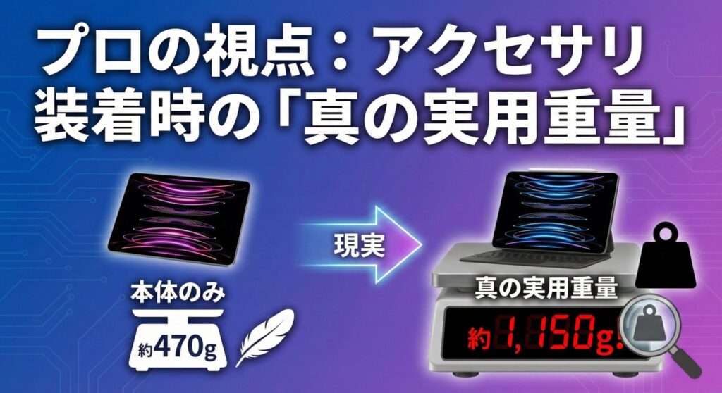 「プロの視点:アクセサリ装着時の『真の実用重量』」という見出しの解説画像。左側にはiPad本体のみが「約470g」と表示され軽いことを示す羽のアイコンが添えられている。中央に「現実」という矢印があり、右側にはMagic KeyboardとApple Pencilを装着したiPadがデジタルスケールに乗せられ、「真の実用重量 約1,150g!」と赤字で大きく強調表示されている。重いことを示す分銅と、数値を拡大するルーペのアイコンがあり、カタログ値と実際に持ち運ぶ際の重さには大きなギャップがあることを警告する比較図解。