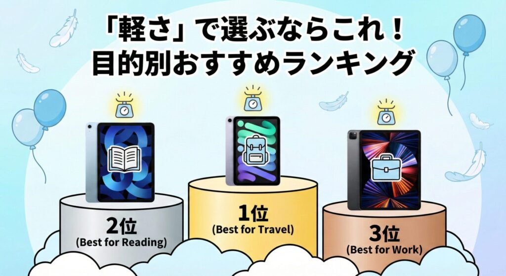 「『軽さ』で選ぶならこれ!目的別おすすめランキング」という見出しの図解。1位(中央の金色台座)には「Best for Travel(旅行用)」としてiPad miniがリュックのアイコンと共に配置され、最も軽いことを示す天秤のアイコンがある。2位(左の銀色台座)には「Best for Reading(読書用)」としてiPad Airが開いた本のアイコンと共に配置。3位(右の銅色台座)には「Best for Work(仕事用)」としてiPad Proがビジネスバッグのアイコンと共に配置されている。背景には軽量感を表現する羽と風船が描かれている。