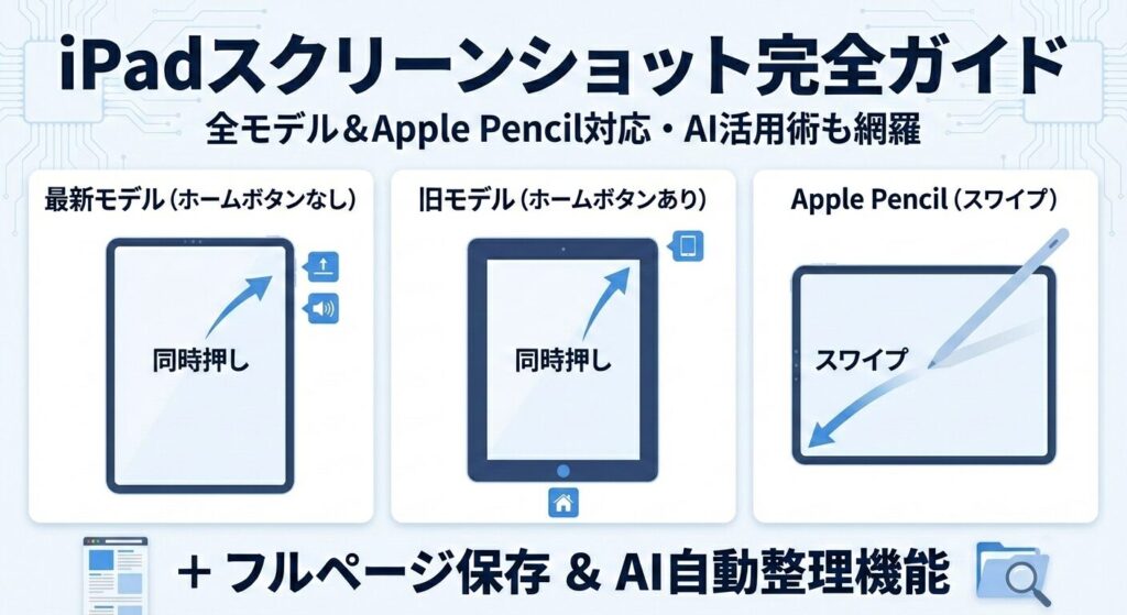 iPadのスクリーンショットの撮り方を全モデル網羅した完全ガイドの図解インフォグラフィック。上部に『iPadスクリーンショット完全ガイド』のタイトル。中央には3つの操作系を比較しており、1.最新モデル（ホームボタンなし）の同時押し、2.旧モデル（ホームボタンあり）の同時押し、3.Apple Pencilによる角からのスワイプ操作をアイコン付きで解説。下部にはWebフルページ保存とAI自動整理機能についても記載。初心者からプロまで、機種を問わず最適な撮影手順が即座にわかるメインビジュアル。