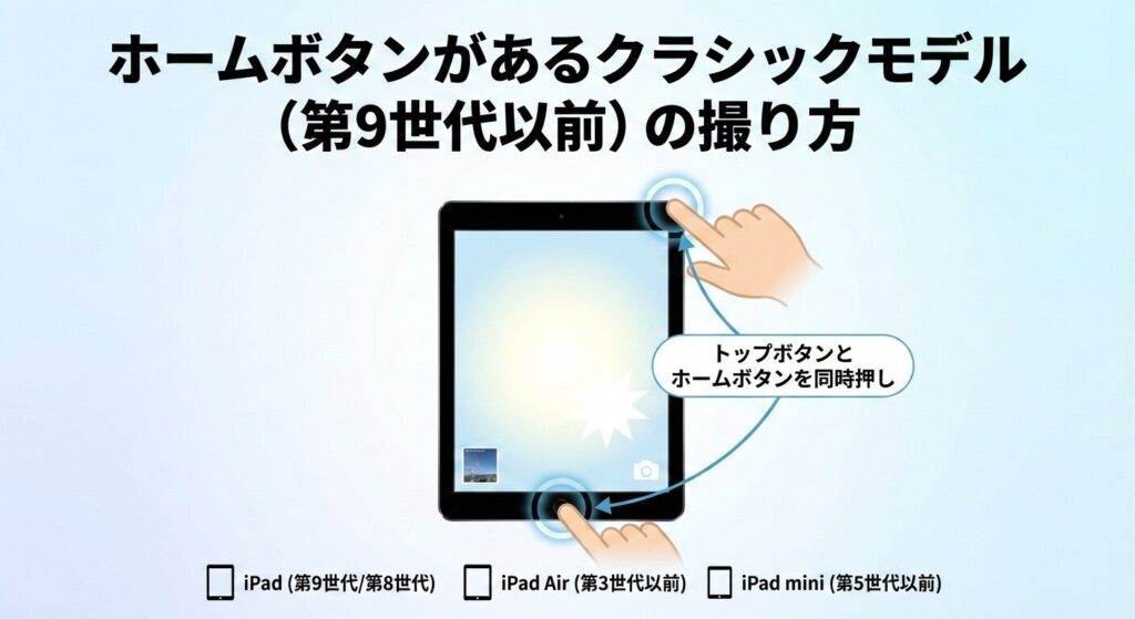 ホームボタンがあるクラシックモデル(iPad 第9世代以前)のスクリーンショット(スクショ)の撮り方を解説した図解インフォグラフィック。上部に『ホームボタンがあるクラシックモデル(第9世代以前)の撮り方』という見出し。イラストでは、iPadの「トップボタン」と「ホームボタン」を2つの手で同時押しする様子が描かれ、『トップボタンとホームボタンを同時押し』という指示テキストと矢印で操作箇所を強調している。下部には対象機種としてiPad(第9世代/第8世代)、iPad Air(第3世代以前)、iPad mini(第5世代以前)のアイコンを配置。