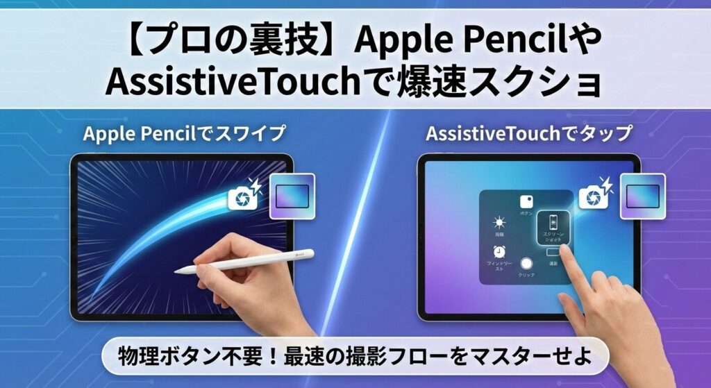 【プロの裏技】iPadで物理ボタンを使わず、Apple PencilのスワイプまたはAssistiveTouchのタップで「爆速スクリーンショット」を撮る方法の解説図解。左にペンシルでのスワイプ操作、右にAssistiveTouchメニューからのタップ操作を示し、最速の撮影フローを視覚化している。