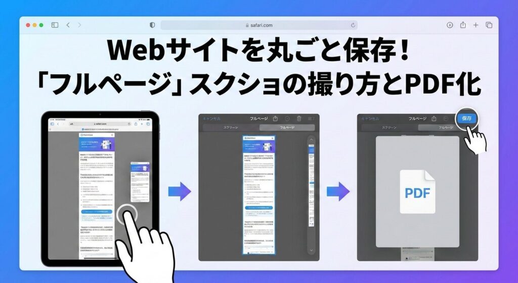 iPadのSafariでWebサイト全体を1枚のPDFとして保存する「フルページ・スクリーンショット」の手順を解説した3ステップの図解インフォグラフィック。1.通常通りスクショを撮りサムネイルをタップ、2.編集画面上部で「スクリーン」から「フルページ」タブに切り替える、3.PDF形式で「ファイル」アプリに保存する、という一連の操作フローを視覚化している。Webサイトを丸ごと保存して資料化したいユーザー向けの決定版ガイド。