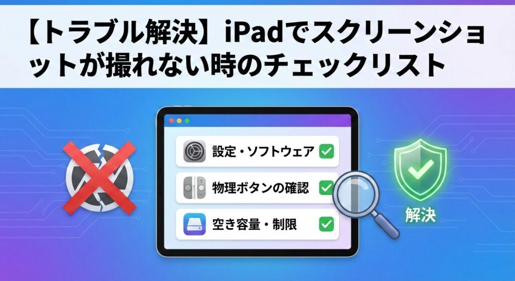 iPadでスクリーンショットが撮れない・できない時の原因と解決策をまとめたチェックリストの図解インフォグラフィック。上部に『【トラブル解決】iPadでスクリーンショットが撮れない時のチェックリスト』というタイトル。中央には「設定・ソフトウェア」「物理ボタンの確認」「空き容量・制限」の3つのチェック項目をアイコン付きで表示。虫眼鏡での調査から、盾とチェックマークによる「解決」までを視覚化した、トラブルシューティング専用のまとめ画像。