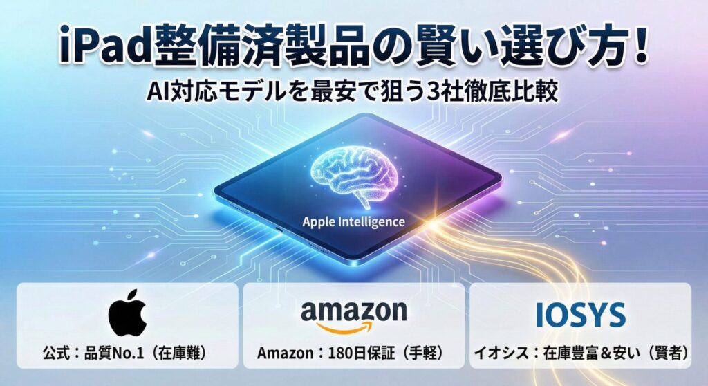 AI時代のiPad整備済製品の賢い選び方を解説した比較インフォグラフィック。見出し『iPad整備済製品の賢い選び方！AI対応モデルを最安で狙う3社徹底比較』を中央上部に配置。その下に、Apple Intelligence対応を示す脳のアイコンが輝く最新iPadのイラスト。さらにその下部には、購入ルートとして『Apple公式（品質No.1・在庫難）』『Amazon（180日保証・手軽）』『IOSYSイオシス（在庫豊富＆安い・賢者）』の3社をロゴと特徴で比較。特に右側のイオシスから中央のAI対応iPadに向かって黄金の光線が伸びており、AIモデルを安く確実に入手する最適解としてイオシスを推奨していることを視覚的に強調した図。