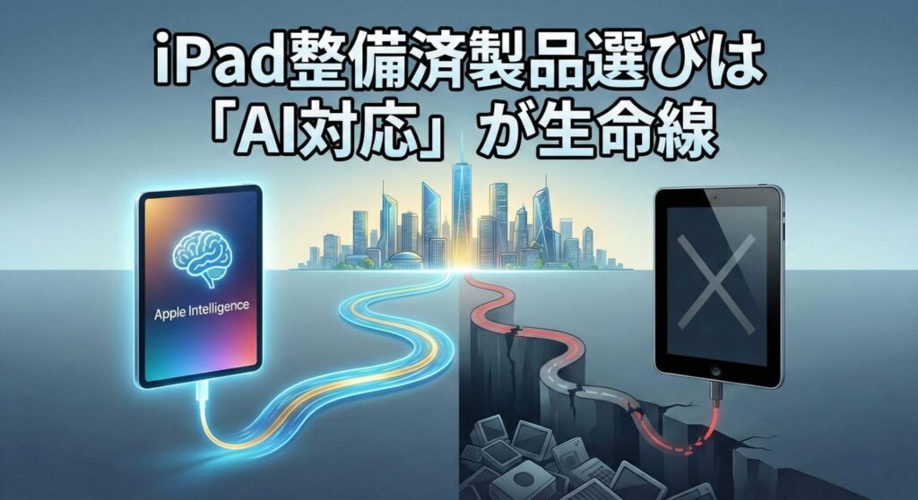 iPad整備済製品の選び方における「AI対応」の重要性を可視化したインフォグラフィック見出し。画像上部に『iPad整備済製品選びは「AI対応」が生命線』というテキスト。左側には「Apple Intelligence」搭載を示す脳のアイコンが輝く最新iPadがあり、青い光の道が未来都市へと続いている(成功ルート)。右側にはホームボタンのある旧型iPadがバツ印を表示し、赤い光の道が崩壊してガラクタの山へと続いている(失敗ルート)。AI対応の有無が将来の価値を分ける決定的な分岐点であることを強調した比較イラスト。
