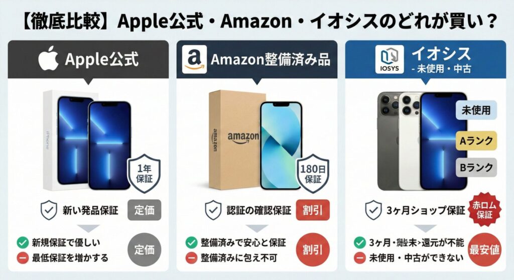 iPad整備済製品の3大購入ルートを徹底比較したインフォグラフィック。見出し『【徹底比較】Apple公式・Amazon・イオシスのどれが買い?』を記載。左側に「Apple公式(1年保証・新品同様の品質)」、中央に「Amazon整備済み品(180日保証・割引価格)」、右側に「イオシス(未使用品/中古A・Bランク・赤ロム永久保証・最安値圏)」の3つのカラムを配置。各ショップの保証期間、価格メリット、在庫の種類を一目で比較し、ユーザーの優先順位(品質・手軽さ・安さ)に合わせた最適な選択肢を提示する比較図。