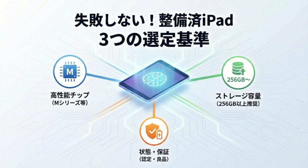 iPad整備済製品選びで失敗しないための重要な3つの基準を可視化したインフォグラフィック。見出し『失敗しない!整備済iPad 3つの選定基準』を中央上部に記載。その下、Apple Intelligence(AI)対応を象徴する脳のアイコンが光るiPadを中心に、推奨される3つの具体的な条件として、左側に『高性能チップ(Mシリーズ等)』、右側に『ストレージ容量(256GB以上推奨)』、下側に『状態・保証(認定・良品)』をアイコン付きで配置し、長期的に使える賢い選択基準を提示した図。