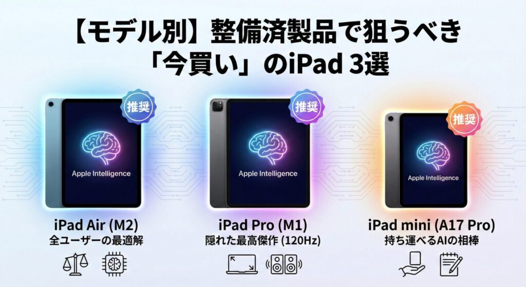 整備済製品で推奨される「今買い」のiPad 3モデルを紹介したインフォグラフィック。見出しは『【モデル別】整備済製品で狙うべき「今買い」のiPad 3選』を中央上部に記載。全てのモデルの画面には「Apple Intelligence」の文字と脳のアイコンが輝き、AI対応であることを強調。左から順に、バランスの良さを示す天秤アイコンと共に『iPad Air (M2) 全ユーザーの最適解』、120Hzリフレッシュレートと高音質スピーカーを示すアイコンと共に『iPad Pro (M1) 隠れた最高傑作 (120Hz)』、携帯性と手書きメモを示すアイコンと共に『iPad mini (A17 Pro) 持ち運べるAIの相棒』が、それぞれ「推奨」バッジ付きで紹介されている図。