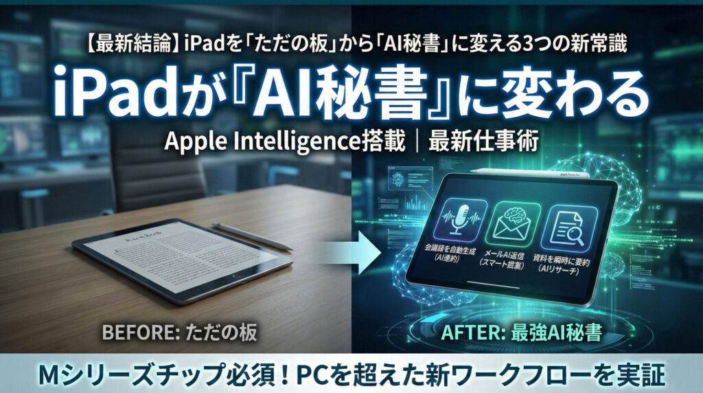 「【最新結論】iPadを「ただの板」から「AI秘書」に変える3つの新常識」というタイトルのアイキャッチ画像。中央に「iPadが『AI秘書』に変わる」「Apple Intelligence搭載 | 最新仕事術」の文字。左側は「BEFORE: ただの板」として古いiPadと電子書籍画面、右側は「AFTER: 最強AI秘書」としてMシリーズ搭載の新型iPadとApple Pencilが発光し、「会議録を自動生成(AI要約)」「メールAI返信(スマート提案)」「資料を瞬時に要約(AIリサーチ)」という具体的な3つのAI機能アイコンが表示された比較図解となっている。下部には「Mシリーズチップ必須！PCを超えた新ワークフローを実証」と強調されている。