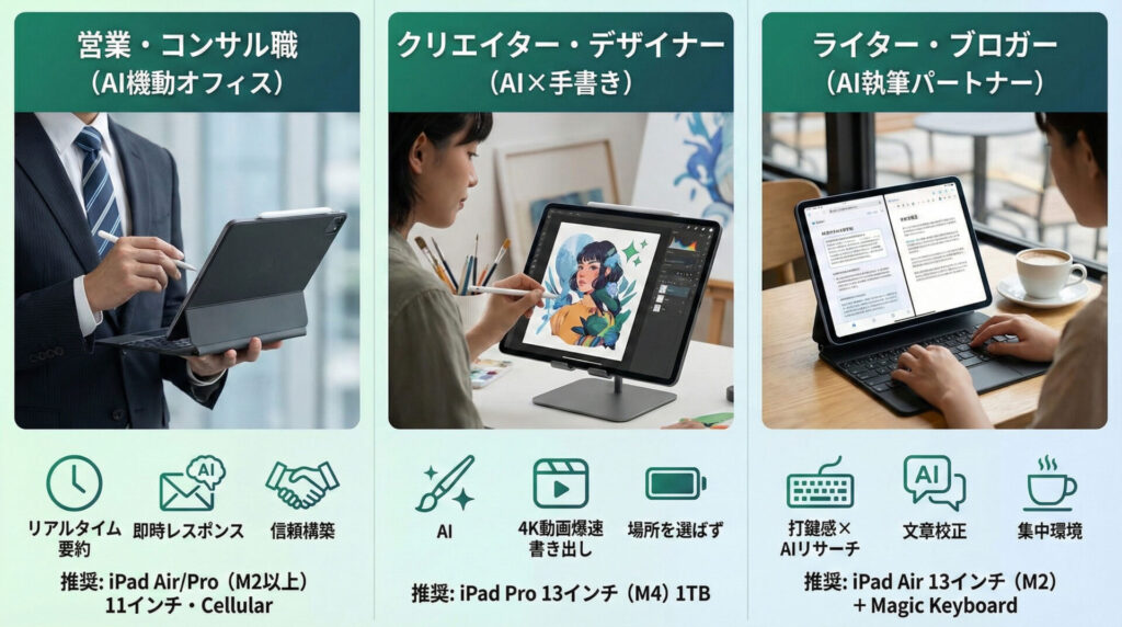 職種別iPadセットアップと推奨モデル(AI/M-series対応)の比較図解。【左:営業・コンサル職】AI機動オフィス。リアルタイム要約、即時レスポンスで信頼構築。推奨:iPad Air/Pro (M2以上) 11インチ・Cellular。【中:クリエイター・デザイナー】AI×手書き。4K動画爆速書き出し、場所を選ばず制作。推奨:iPad Pro 13インチ (M4) 1TB。【右:ライター・ブロガー】AI執筆パートナー。打鍵感×AIリサーチ、文章校正、集中環境。推奨:iPad Air 13インチ (M2) + Magic Keyboard。各職種の具体的な利用シーン写真とメリットを示すアイコン付き。