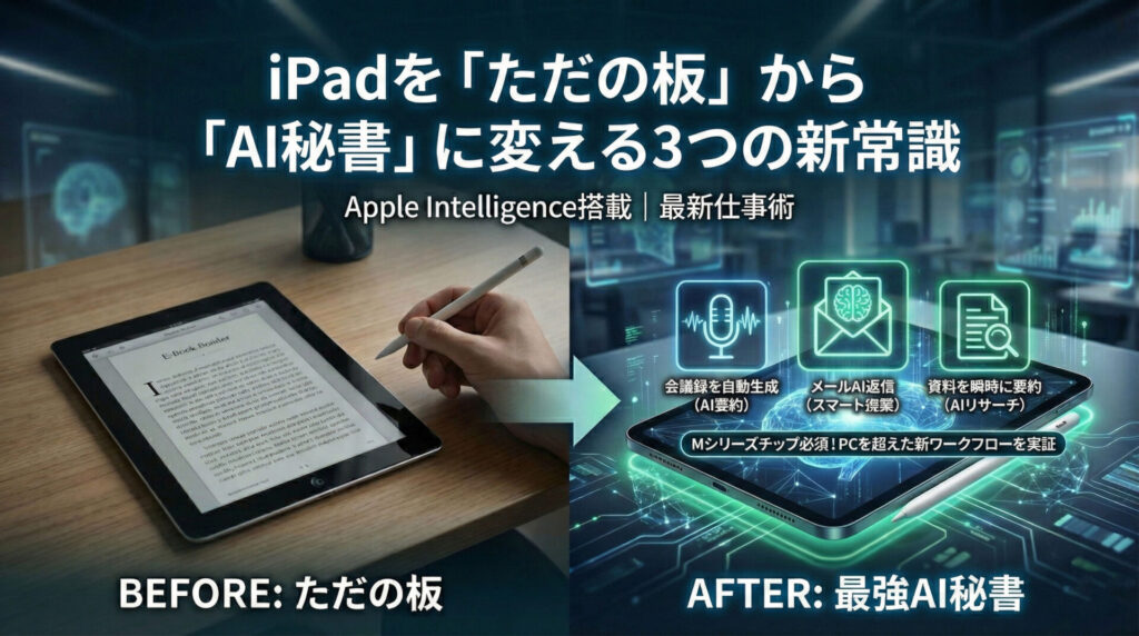 「iPadを『ただの板』から『AI秘書』に変える3つの新常識」というタイトルの比較図解アイキャッチ。Apple Intelligence搭載による最新仕事術を紹介。左側は「BEFORE:ただの板」として従来のiPad利用イメージ、右側は「AFTER:最強AI秘書」としてMシリーズチップ搭載iPadが実現する「会議録を自動生成(AI要約)」「メールAI返信(スマート提案)」「資料を瞬時に要約(AIリサーチ)」の3つの具体的なAI機能がビジュアル化されている。下部には「Mシリーズチップ必須!PCを超えた新ワークフローを実証」と記載。