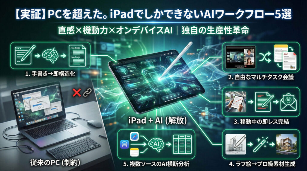 「【実証】PCを超えた。iPadでしかできないAIワークフロー5選」というタイトルの比較図解。左側に「従来のPC(制約)」、中央から右側に「iPad + AI(解放)」を配置し、「直感×機動力×オンデバイスAI|独自の生産性革命」と記されている。5つの具体的なAIワークフローとして、1.手書き→即構造化(メモから構成案作成)、2.自由なマルチタスク会議(画面分割と要約)、3.移動中の即レス完結(PDF注釈とAIメール)、4.ラフ絵→プロ級素材生成(描画AI)、5.複数ソースのAI横断分析(ブラウザ情報の表作成)が、アイコンとフローチャートで視覚的に解説されている。