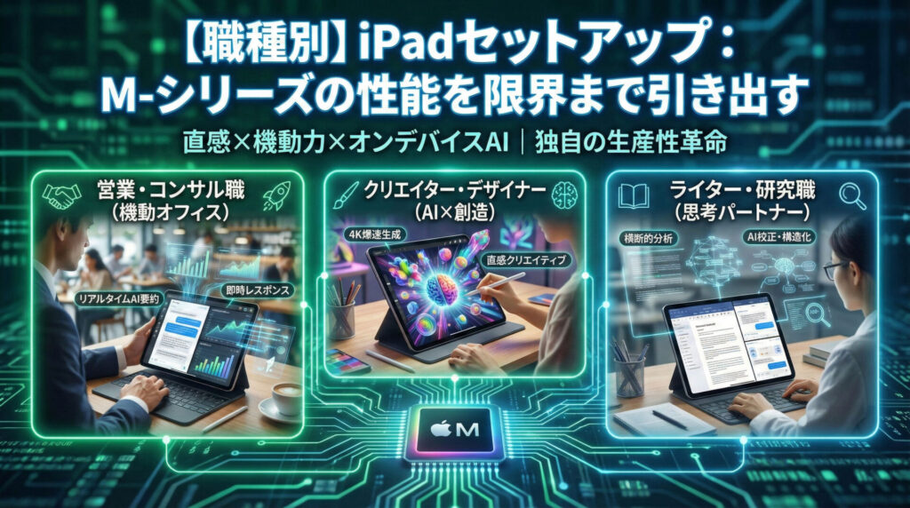 「【職種別】iPadセットアップ:M-シリーズの性能を限界まで引き出す」という見出しの図解。直感・機動力・オンデバイスAIによる生産性革命をテーマに、3つの職種別活用シーンを比較。1.「営業・コンサル職(機動オフィス)」:リアルタイムAI要約と即時レスポンス。2.「クリエイター・デザイナー(AI×創造)」:4K爆速生成と直感クリエイティブ。3.「ライター・研究職(思考パートナー)」:横断的分析とAI校正・構造化。中央下部にはMシリーズチップのアイコンが配置され、各シーンが専門的なUIとデバイスで視覚化されている。
