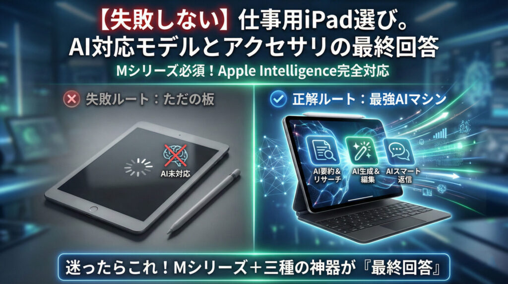 「【失敗しない】仕事用iPad選び。AI対応モデルとアクセサリの最終回答」という見出しの比較図解。左側は「失敗ルート:ただの板」としてAI未対応の旧型iPadが暗く表示され、右側は「正解ルート:最強AIマシン」としてMシリーズ搭載iPadとMagic Keyboard、Apple Pencilが光り輝いている。正解ルートには「AI要約&リサーチ」「AI生成&編集」「AIスマート返信」の機能アイコンが表示され、下部には「迷ったらこれ!Mシリーズ+三種の神器が『最終回答』」と結論が明記されている。