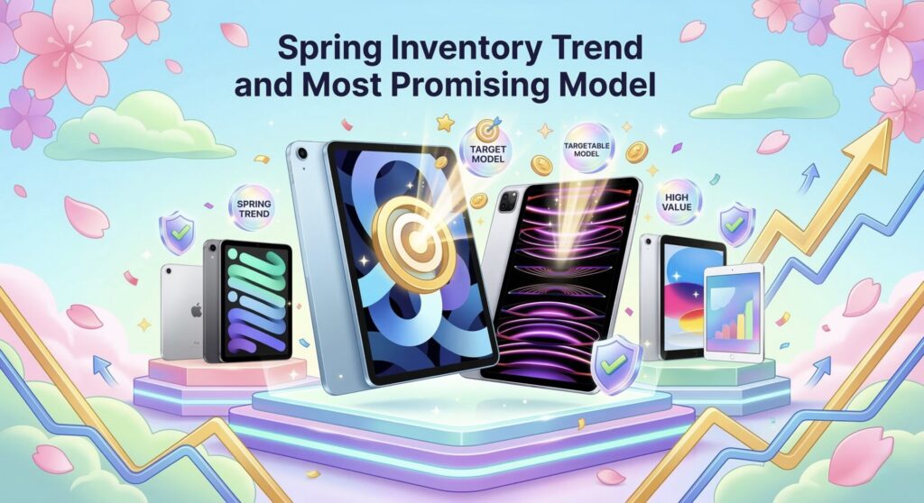 桜舞う春の青空を背景に、elevated platform上にきらめくApple iPadモデルが並ぶ3Dイラスト。中央には、大きなゴールドのターゲットと上昇バーストエフェクトを纏ったライトブルーのiPad AirとシルバーのiPad Proが「TARGET MODEL」と「TARGETABLE MODEL」として強調されている。周囲には「SPRING TREND」「HIGH VALUE」のホログラフィックアイコン、品質保証シールド、上昇するgolden and blueのトレンドラインが配置されている。