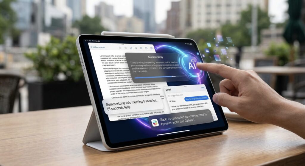 屋外カフェで、ユーザーの手がiPad Proの画面にあるApple Intelligence(AI)アイコンをタップしている写真。画面には「会議の文字起こしと要約」の進捗状況と、「セルラー経由(via Cellular)」でSlackにAI生成の要約を投稿したという通知が表示されている。