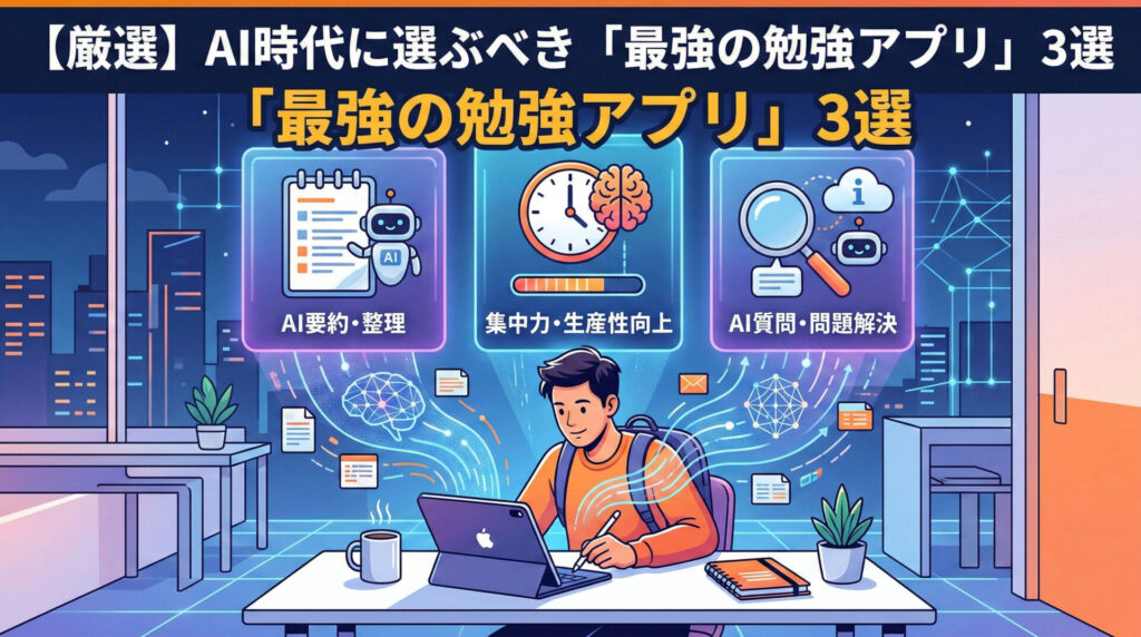 【厳選】AI時代に選ぶべき「最強の勉強アプリ」3選のタイトルが入ったイラスト。iPadで学習する人物の周囲に「AI要約・整理」「集中力・生産性向上」「AI質問・問題解決」の3つのデジタルアイコンが描かれ、次世代の効率的なiPad勉強法を視覚的に解説しています。