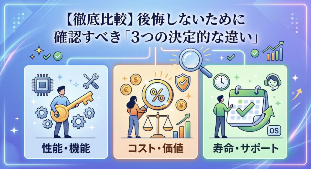 製品選びで後悔しないための3つの決定的な違い（性能・機能、コスト・価値、寿命・サポート）を徹底比較したイラスト。左のパネルは「性能・機能」でCPUチップや鍵、ギア、中央は「コスト・価値」で通貨記号や％虫眼鏡、天秤、盾、グラフ、右は「寿命・サポート」で時計、チェック付きカレンダー、サポートスタッフ、OSアップデート、グラフのアイコン。クリーンなデジタル背景。