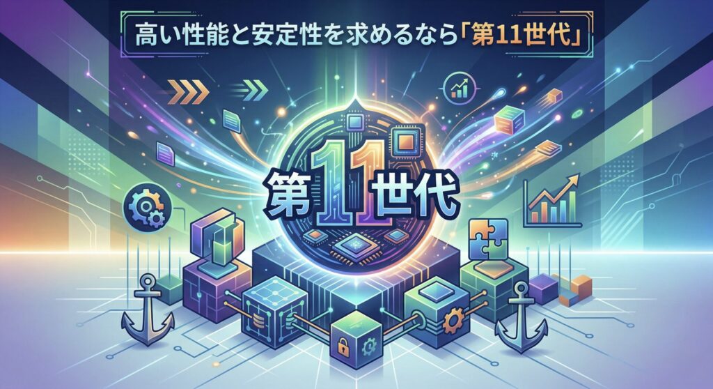 高性能と安定性を追求するなら第11世代製品のネオンテック風イラスト。中心に数字11のロゴ、周囲にチップ、ギア、アンカー、グラフを配置。