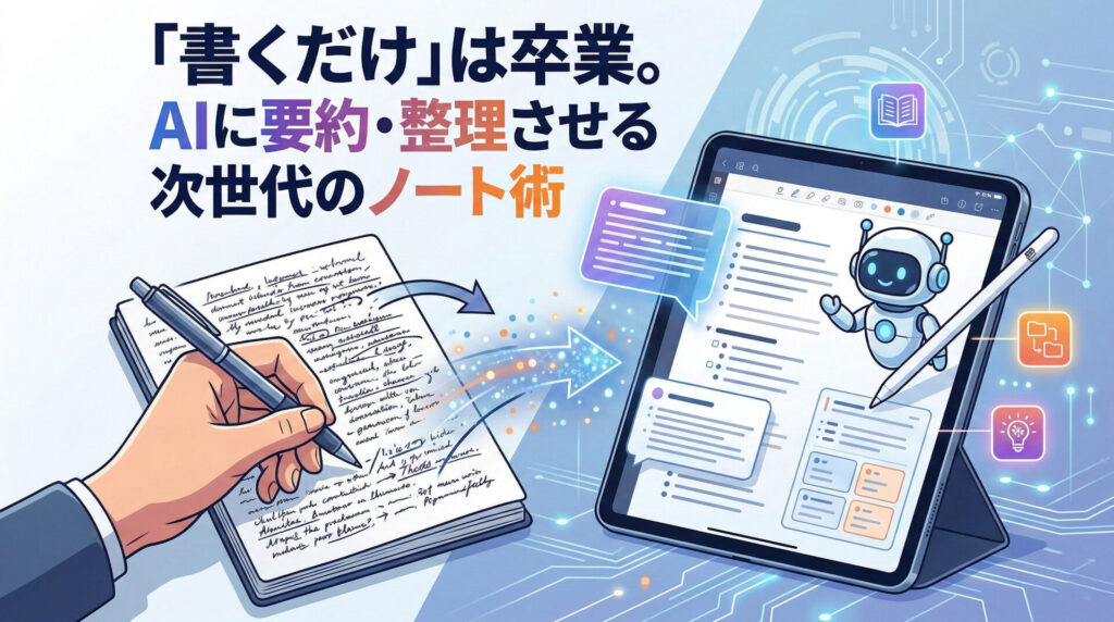【厳選】AI時代に選ぶべき「最強の勉強アプリ」3選のタイトルが入ったイラスト。iPadで学習する人物の周囲に「AI要約・整理」「集中力・生産性向上」「AI質問・問題解決」の3つのデジタルアイコンが描かれ、次世代の効率的なiPad勉強法を視覚的に解説しています。