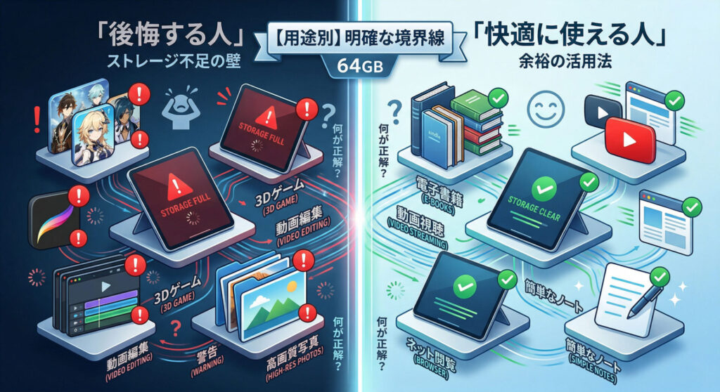 iPadの容量64GBにおける用途別の境界線を左右で比較したインフォグラフィック。左側には「後悔する人」として3Dゲーム、動画編集、高画質写真などストレージ不足を招く用途を、右側には「快適に使える人」として動画視聴、電子書籍、ネット閲覧、簡単なノートなど余裕のある活用法を対比させ、最適なストレージ選びを視覚的に解説している図解。