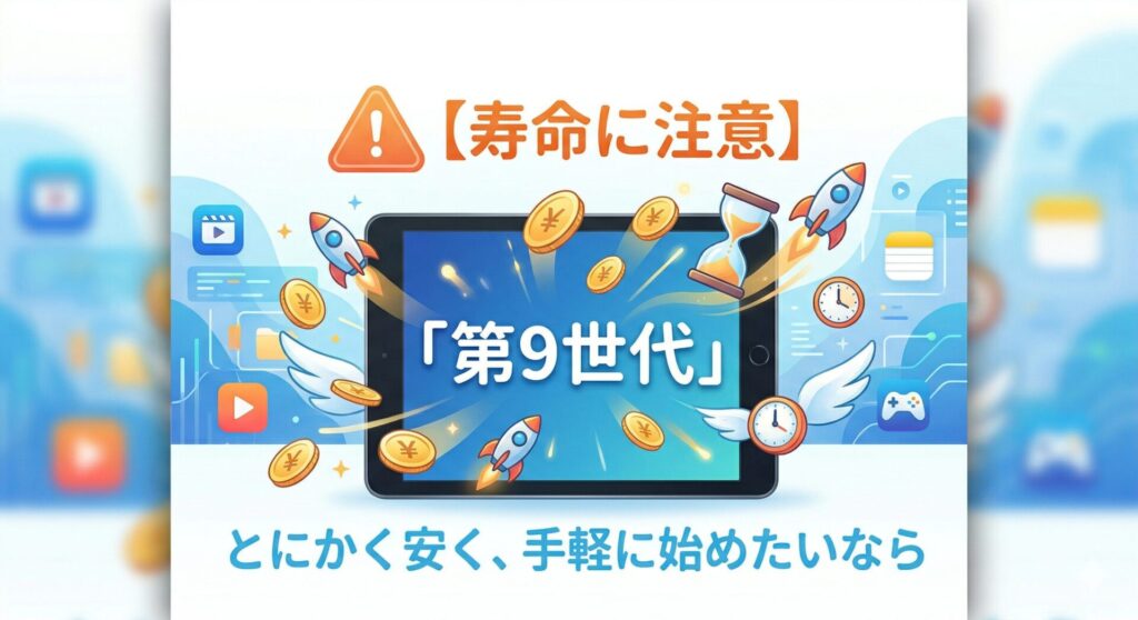 iPad 第9世代（2021年モデル）を安く手に入れたい初心者向けのアイキャッチ画像。画面には『第9世代』、上部に警告付きの『【寿命に注意】』、下部に『とにかく安く、手軽に始めたいなら』の日本語テキスト。画面から飛び出す金貨（安さ）、ロケット（手軽さ）、砂時計と時計（寿命の注意）が、安さと引き換えに考慮すべきOSサポート期間（寿命）の注意喚起を視覚的に表現。子供用やサブ機選びのヒントになるイラスト。