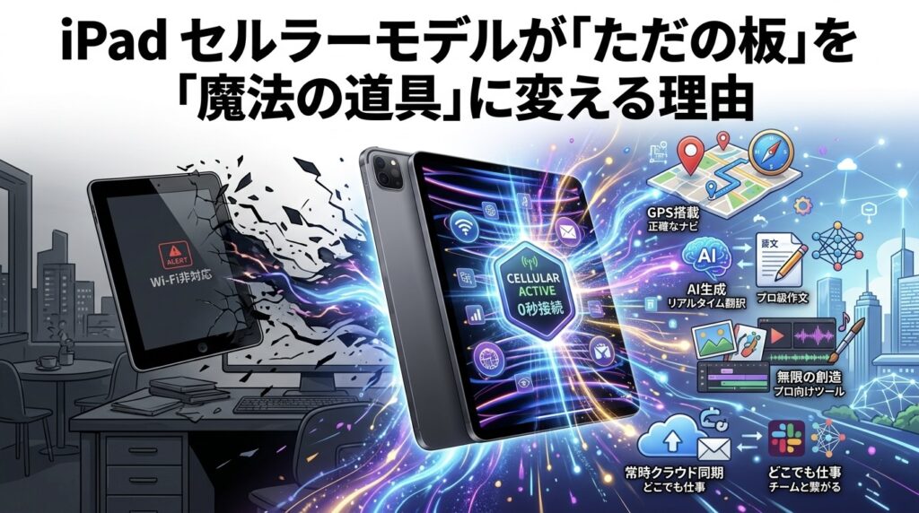『iPad セルラーモデルが「ただの板」を「魔法の道具」に変える理由』という見出し画像の図解。制限のある「Wi-Fi非対応」の古いiPad(左)から、シームレスな「CELLULAR ACTIVE 0秒接続」によって無限の可能性が開かれる最新のiPad Pro(中央)への変容を描いている。iPadからは、GPS搭載の正確なナビ、AI生成とリアルタイム翻訳、プロ級の作文ツール、ビデオ編集や音楽制作などの無限の創造、常時クラウド同期、どこでも仕事、チームとの繋がりを示す、魔法のような青と紫のエネルギーと多数のアイコンが飛び出している。右側は未来的なスマートシティとネットワーク接続で、無限の可能性を象徴している。