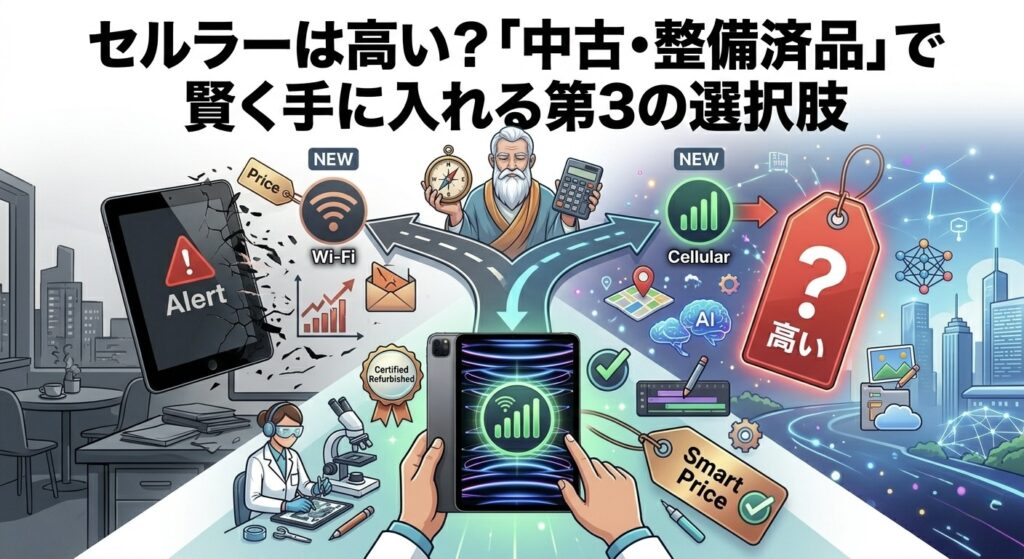 「セルラーは高い?「中古・整備済品」で賢く手に入れる第3の選択肢」という見出しの図解。中央に賢者がWi-FiとCellularの選択肢を指し、下部に整備済iPad Proにセルラー信号、GPS、AI、カメラ、メール、Slackなどのアイコンが、魔法のような青と紫のエネルギーとともに表示されている。「Certified Refurbished」(認証整備済)バッジと、「Smart Price」(スマートプライス、チェックマーク)タグ。背景にWi-Fiモデルのデメリット(GPS非搭載、紛失時に見つからない、テザリングの不便、カーナビとして使えない、現在地ズレ、Alert)とCellularモデルのメリット(GPS搭載、正確なナビ、AI連携、常時クラウド、どこでも仕事、REAL-TIME LOCATION、Check)。