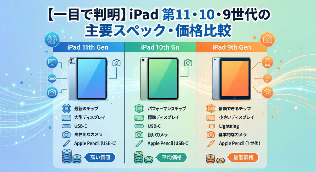 iPad 第11世代・10世代・9世代の主要スペック比較。11世代（A16チップ、11インチ、USB-C、Pencil Pro対応）、10世代（A14チップ、10.9インチ、USB-C、Pencil USB-C対応）、9世代（A13チップ、10.2インチ、Lightning、Pencil 第1世代対応）の性能と価格の違いを一目で把握できるSEO・AIO対策用グラフィック。