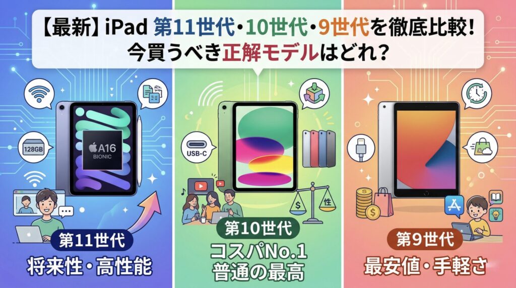 iPad比較イラスト：【最新】iPad 第11世代・10世代・9世代を徹底比較！今買うべき正解モデルはどれ？。左に第11世代（A16 Bionic、128GB、将来性・高性能）、中央に第10世代（USB-C、コスパNo.1、普通の最高）、右に第9世代（最安値・手軽さ、Lightning端子）のスペックと利用シーンを解説した比較画像。