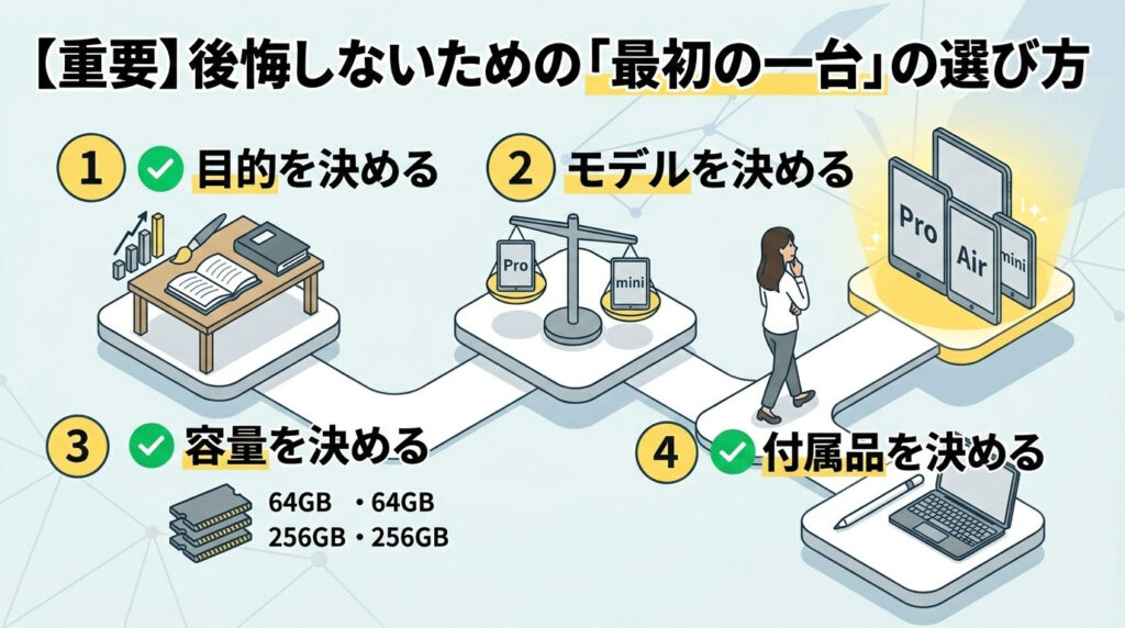 「後悔しないための最初の一台の選び方」を4つのステップのロードマップで解説したインフォグラフィック。女性が歩む道の先に、1.目的を決める（学習・クリエイティブ）、2.モデルを決める（Pro・Air・miniの天秤比較）、3.容量を決める（64GB・256GBのストレージ選択）、4.付属品を決める（Apple Pencil・キーボード）という手順が描かれています。初心者が迷わず自分に最適なモデルへ辿り着けるよう、選択のプロセスを構造化して視覚化した図解です。