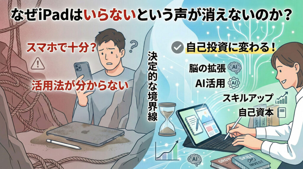 タイトル「なぜiPadはいらないという声が消えないのか？」の下、決定的な境界線で分けられた比較インフォグラフィック。左側（ネガティブ）は困惑する男性と埃をかぶったiPad、警告マークとともにテキスト「スマホで十分？」「活用法が分からない」が描かれている。右側（ポジティブ）は笑顔の女性がiPadとキーボード、Apple Pencilでペン入力をし、チェックマークとともにテキスト「自己投資に変わる！」「脳の拡張」「AI活用」「スキルアップ」「自己資本」が描かれている。中央には砂時計と「決定的な境界線」の文字。