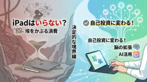iPadがいらないと感じる人と、自己投資に活用する人の決定的な違いを比較したイラスト。左側にはスマホを手に「iPadはいらない?」と悩む男性と埃を被ったiPad、右側にはiPadとGoodnotes 6、AI機能を駆使して勉強に励む女性が描かれ、情報の消費と生産の境界線を視覚的に表現しています。