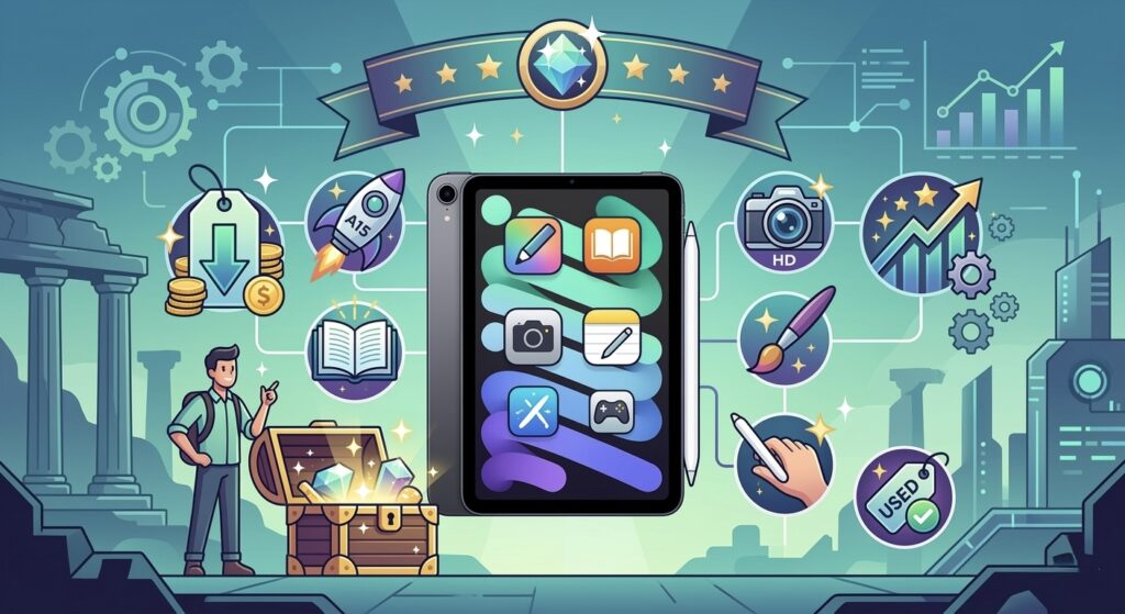 iPad mini 6の包括的なビジュアルガイドインフォグラフィック。中央のタブレットを囲む複数の機能アイコンが、A15 Bionicチップ(ロケット)、低価格と中古の価値(値札とコイン)、読書と学習(本)、クリエイティビティと写真・動画(絵筆とカメラ)、メモ取りとApple Pencil対応(書く手とペン)、生産性と成長(歯車と上昇グラフ)、携帯性(リュックサックを背負った男性)を表しています。勉強、ビジネス、デジタルアートに最適。宝箱と星が、発見された価値と高品質を象徴しています。