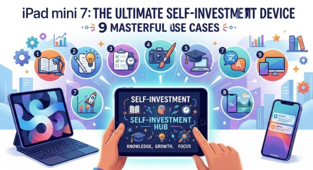 インフォグラフィック画像：「iPad mini 7: THE ULTIMATE SELF-INVESTMENT DEVICE」（iPad mini 7：究極の自己投資デバイス）。中央にiPad mini 7があり、周囲に9つのユースケースが配置。1. 電子書籍・読書、2. メモ術・思考整理、3. タスク管理、4. クリエイティブ（カメラ・筆）、5. スキルアップ学習（オンライン学習、資格）、6. 語学学習、7. 生産性・ビジネス効率化、8. デジタルデトックス・集中、9. マブディスプレイ。iPhoneや別のiPad（Magic Keyboard付き）も連携。KNOWLEDGE, GROWTH, FOCUS（知識、成長、集中）の概念を可視化。
