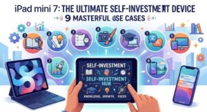 インフォグラフィック画像：「iPad mini 7: THE ULTIMATE SELF-INVESTMENT DEVICE」（iPad mini 7：究極の自己投資デバイス）。中央にiPad mini 7があり、周囲に9つのユースケースが配置。1. 電子書籍・読書、2. メモ術・思考整理、3. タスク管理、4. クリエイティブ（カメラ・筆）、5. スキルアップ学習（オンライン学習、資格）、6. 語学学習、7. 生産性・ビジネス効率化、8. デジタルデトックス・集中、9. マブディスプレイ。iPhoneや別のiPad（Magic Keyboard付き）も連携。KNOWLEDGE, GROWTH, FOCUS（知識、成長、集中）の概念を可視化。