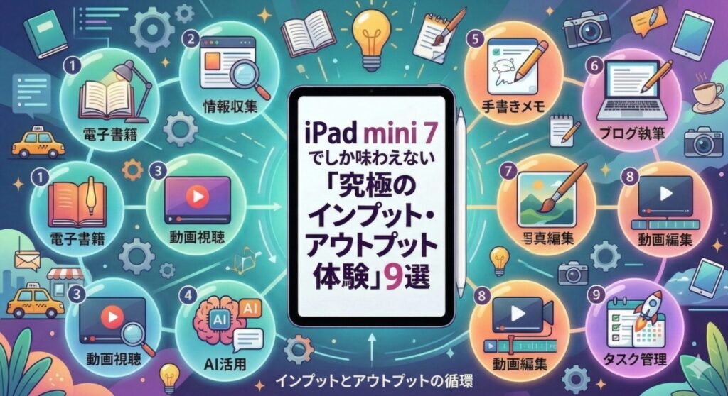 iPad mini 7を中心に、Apple Pencilを活用したインプットとアウトプットの循環を表現したインフォグラフィック。インプット(電子書籍、情報収集、動画視聴、AI活用)とアウトプット(手書きメモ、ブログ執筆、写真編集、動画編集、タスク管理)の9つの具体的な体験価値を可視化したイラスト。中央のテキストは「iPad mini 7でしか味わえない『究極のインプット・アウトプット体験』9選」。