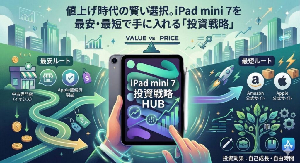 iPad mini 7を最安・最短で手に入れるための購入・活用「投資戦略」を図解したインフォグラフィック。上部には「値上げ時代の賢い選択。iPad mini 7を最安・最短で手に入れる「投資戦略」」の日本語テキスト。中央にiPad mini 7とApple Pencil、手が操作するイラスト。「iPad mini 7 投資戦略 HUB」と表示。左側に「最安ルート(中古専門店イオシス、Apple整備済製品)」、右側に「最短ルート(Amazon、Apple公式サイト)」のパスを矢印で示している。下部には成長する木のイラストと、投資効果として「自己成長・自由時間」のテキストが配置されている。未来的な都市を背景に、価値と価格の天秤やグラフが描かれている。