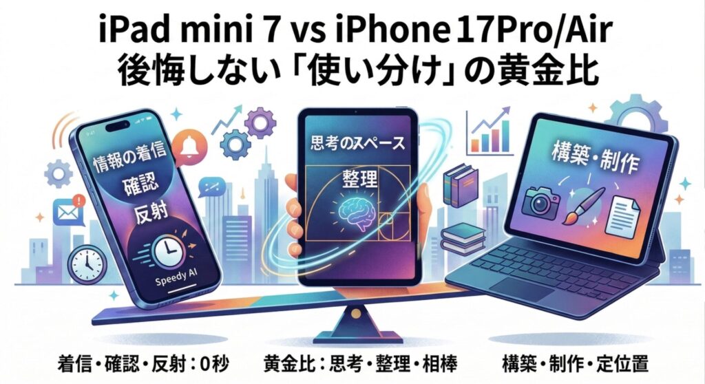 iPad mini 7、iPhone 17 Pro、iPad Airの3つのデバイスの使い分けを天秤で表現した比較イラスト。iPhoneは「着信・確認・反射:0秒」、iPad mini 7は「黄金比:思考のスペース・整理・相棒」、iPad Airは「構築・制作・定位置」として、それぞれのデバイスが持つ独自の役割と最適な使用シーンを可視化。