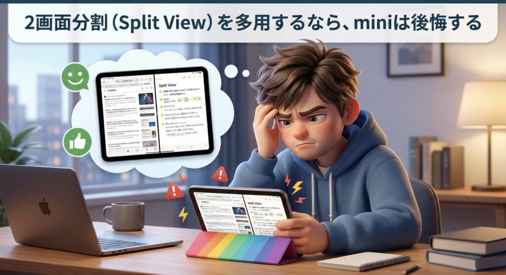 3Dイラスト。iPad miniでSplit View（2画面分割）を使い、画面が小さくて見づらいことに悩む若い男性。画像上部には「2画面分割（Split View）を多用するなら、miniは後悔する」とテキストが配置され、男性の思考吹き出しには大きなiPadで快適にSplit Viewを使う様子（緑のニコちゃんマークと親指立てマーク）が描かれている。デスクにはMacBook、コーヒーマグ、本が配置されている。