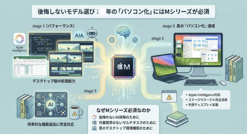 インフォグラフィック「後悔しないモデル選び:パソコン化にはMシリーズが必須」。中央に配置されたApple Mシリーズチップを起点に、左側には「デスクトップ級の処理能力」としてExcelや動画編集、Apple Intelligence(AI)のロゴ。右側には「真のパソコン化」として外部ディスプレイとキーボードに接続されたiPadのステージマネージャ活用イメージ。Mシリーズが必須な理由として「AI対応」「ステージマネージャ」「外部ディスプレイ拡張」をチェックリスト形式で解説したスペック比較図。