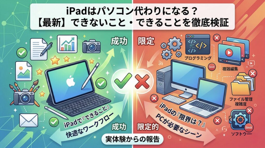 インフォグラフィック「iPadはパソコン代わりになる？【最新】できないこと・できることを徹底検証」。✔マークのある左側（緑）は、キーボードとApple Pencilを使った「iPadでできること（快適なワークフロー）」として、イラスト制作、写真編集、ドキュメント作成の成功例をイラストで描写。✖マークのある右側（赤）は、「iPadの限界（PCが必要なシーン）」として、プログラミング、複雑な動画編集、複雑なファイル管理の限定的な状況を描写。実体験に基づいたレビュー図。