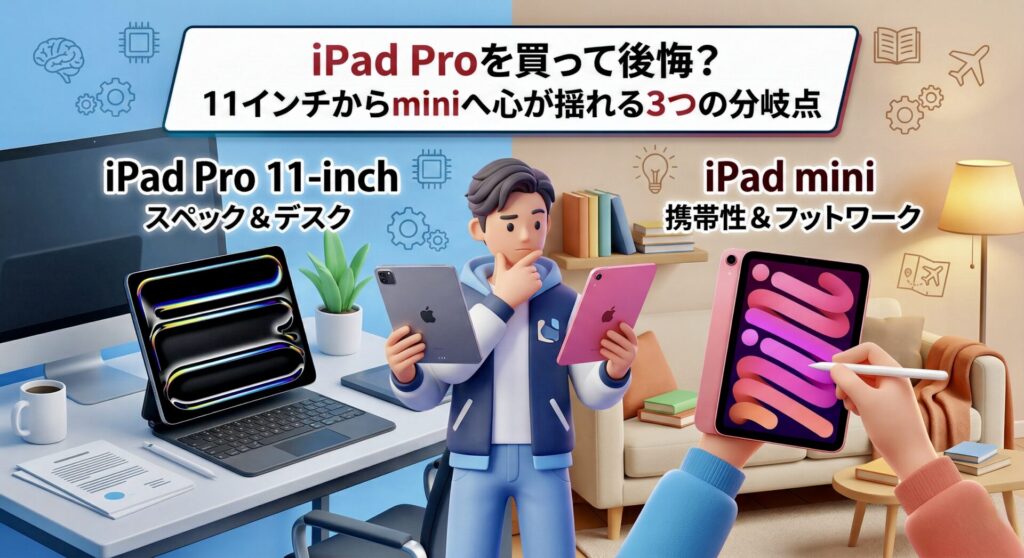iPad Pro 11インチ（スペック・デスク作業重視）とiPad mini（携帯性・フットワーク重視）の利用シーンを比較したイラスト。どちらのモデルが自分のライフスタイルに合うか悩むユーザーと、それぞれの強みを視覚化した対比図。