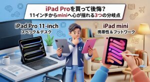 iPad Pro 11インチ（スペック・デスク作業重視）とiPad mini（携帯性・フットワーク重視）の利用シーンを比較したイラスト。どちらのモデルが自分のライフスタイルに合うか悩むユーザーと、それぞれの強みを視覚化した対比図。
