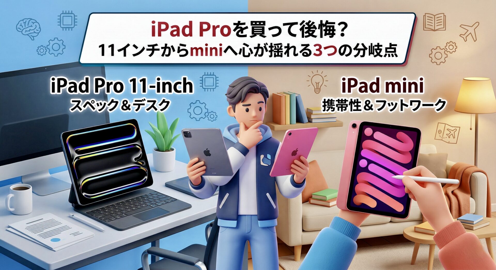 iPad Pro 11インチ（スペック・デスク作業重視）とiPad mini（携帯性・フットワーク重視）の利用シーンを比較したイラスト。どちらのモデルが自分のライフスタイルに合うか悩むユーザーと、それぞれの強みを視覚化した対比図。